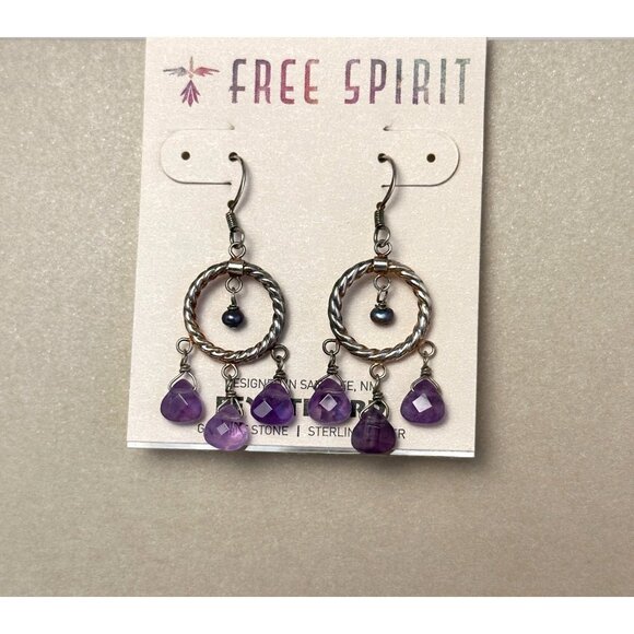 Peyote Bird Boho Gypsy Hoop Earrings Amethyst & Pearl Drops Sterling Silver NWT - Picture 1 of 12